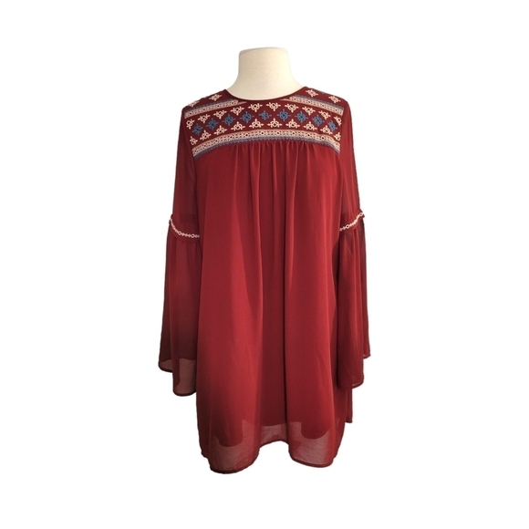 Entro Maroon Red Embroidered Boho Flowy Mini Dress - Picture 2 of 7